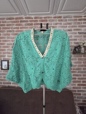 POL Teal Openwork Crochet Cardigan with Cream Trim